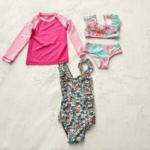 Members Mark Girls 3T Rashguard Set and Floral One Piece Swimsuit 4pc Lot Pink